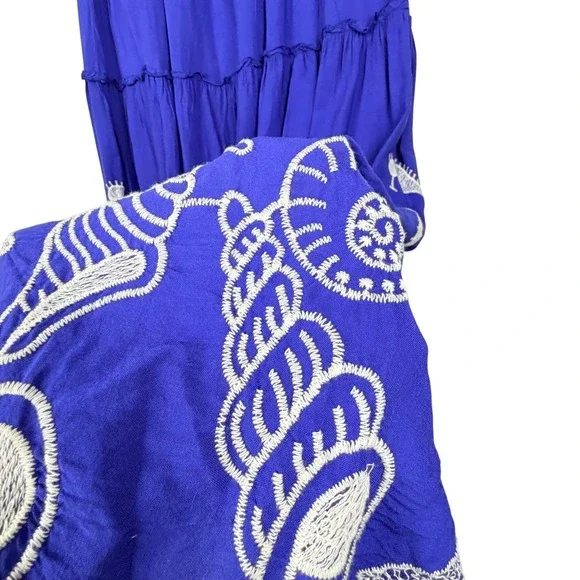 LAFFAIRE M Blue Nautical Sea Shell Starfish Embroidered Tiered Maxi Skirt Beach - Picture 4 of 10